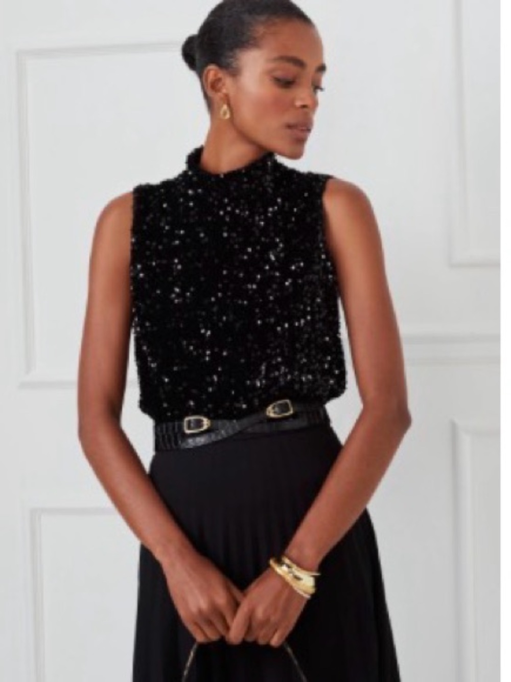 J. McLaughlin Black Sequin Mock-Neck Sleeveless Top
